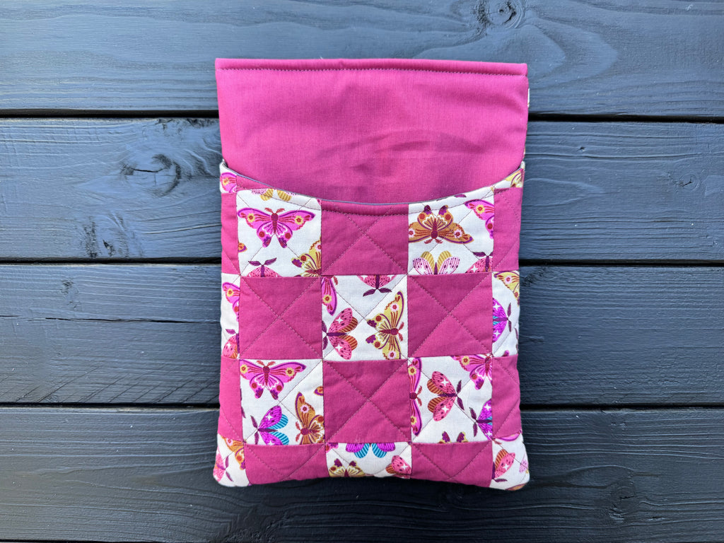 Pink Flutter Folk Quilted Patchwork Book or Tech Sleeve