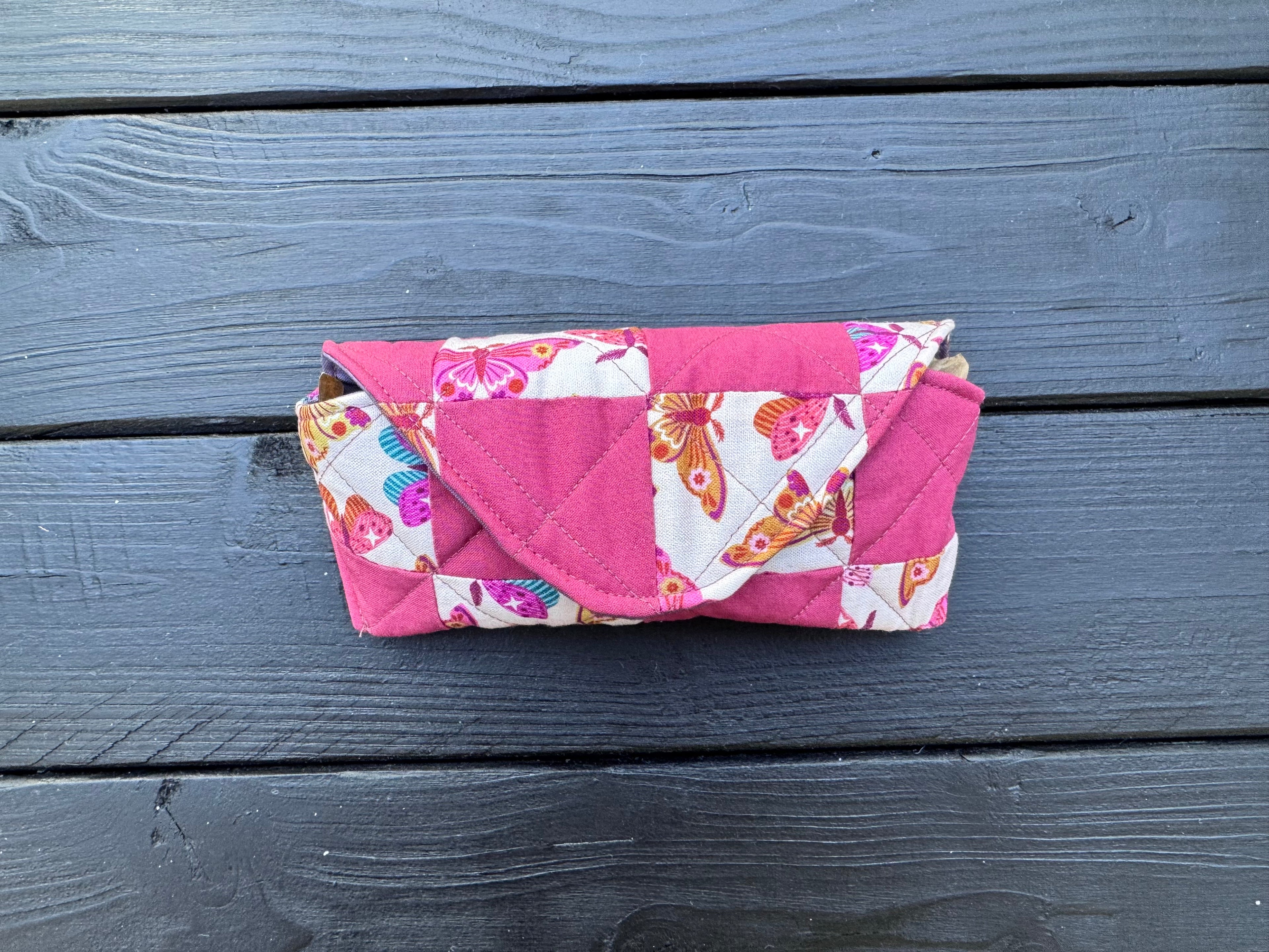 Pink Flutter Folk Soft Shell Quilted Patchwork Glasses Case
