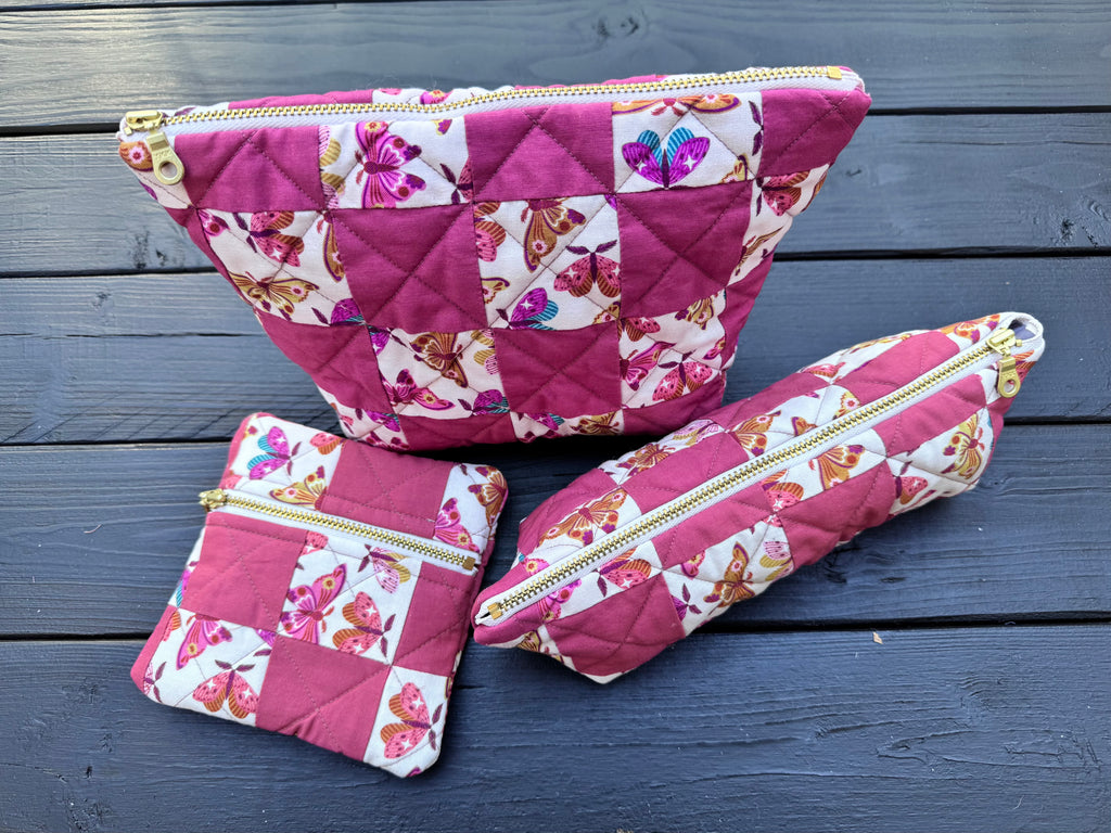 Pink Flutter Folk Quilted Patchwork Zipper Pouch